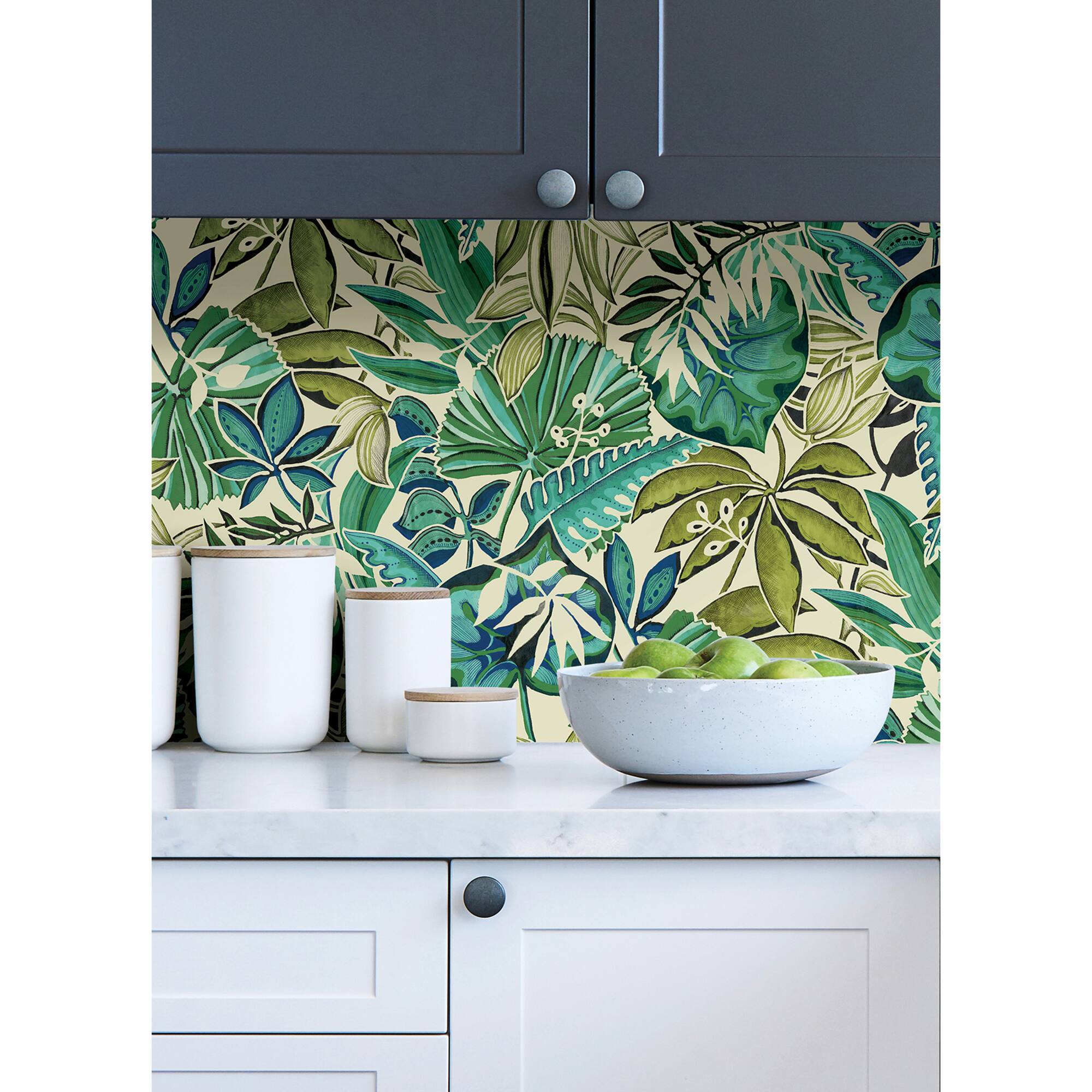 Caroline et Bettina Turquoise Feuilles Peel & Stick Wallpaper